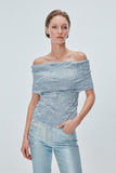 Bardot Yaka Simli Kırışık Model Mavi Bluz