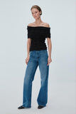 Bardot Yaka Simli Kırışık Model Siyah Bluz