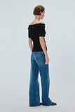 Bardot Yaka Simli Kırışık Model Siyah Bluz