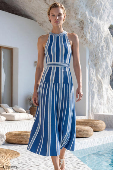 Beli Kemerli Halter Yaka Mavi Kloş Elbise - Join Us