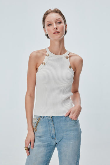 Düğme Detaylı Ekru Halter Yaka Top