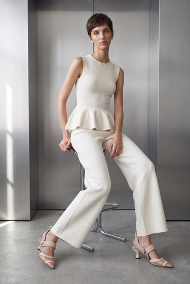 Fermuar Detaylı Peplum Ekru Triko Bluz - Join Us