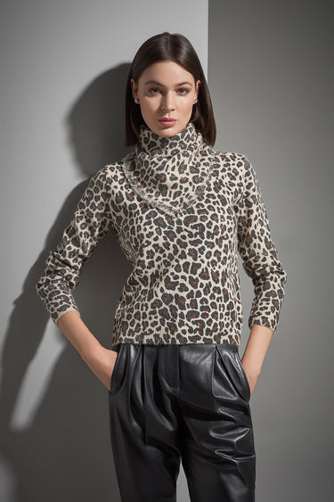 Fonksiyonel Fularlı Leopar Desenli Multi Triko Kazak - Join Us