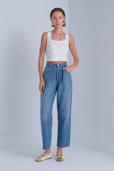 Gold Aksesuarlı Kare Yaka Ekru Crop Top - Join Us
