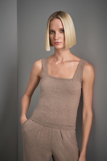Kare Yaka Bej Triko Crop Top - Join Us