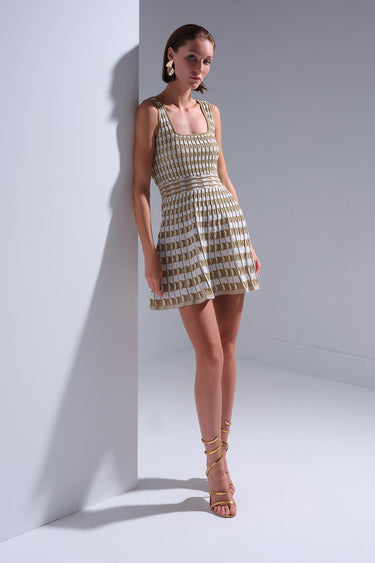 Kare Yaka Kloş Gold Mini Elbise - Join Us