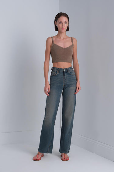 V Yaka Kahverengi Crop Top - Join Us