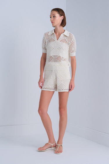 Ajurlu Polo Yaka Ekru Bluz ve Crop Top - Join Us