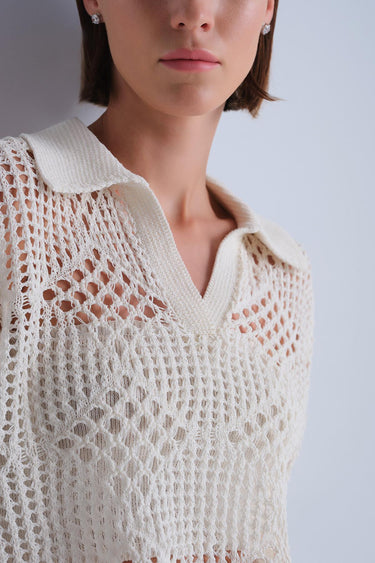 Ajurlu Polo Yaka Ekru Bluz ve Crop Top - Join Us