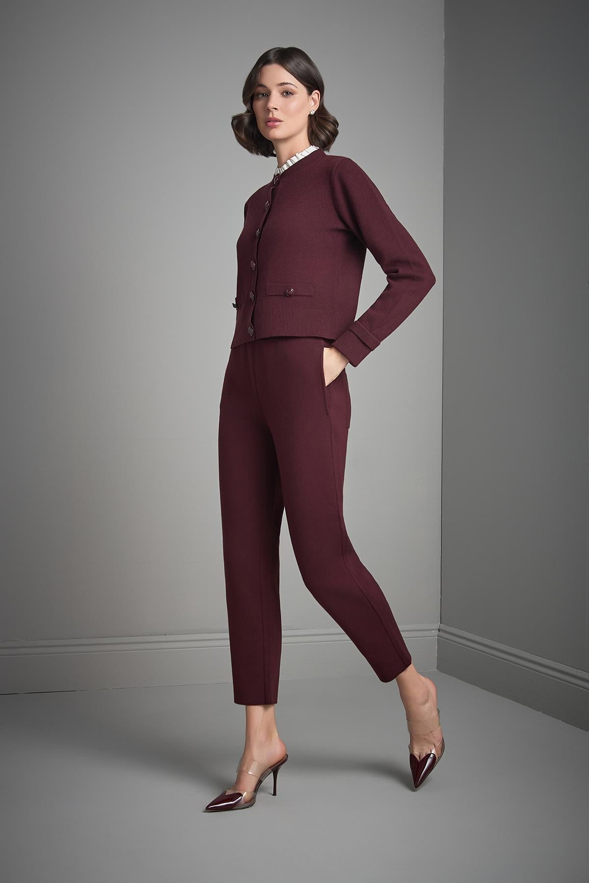 Beli Kordonlu Cepli Bordo Triko Pantolon