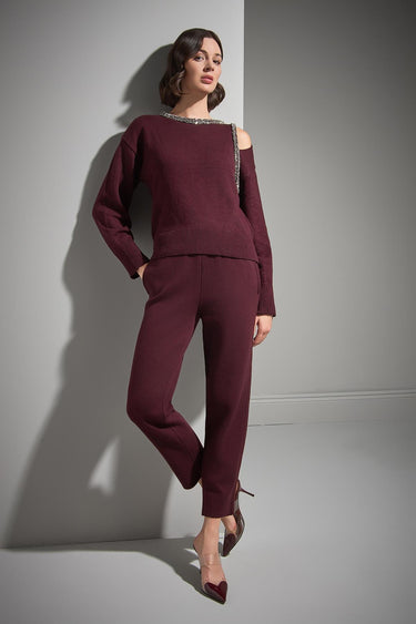 Beli Kordonlu Cepli Bordo Triko Pantolon - Join Us