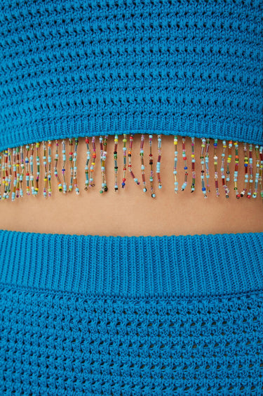 Boncuk İşleme Detaylı İnce Askı Mavi Crop Top