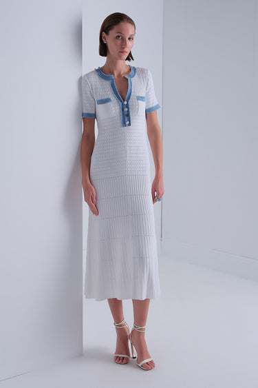 Denim Detaylı Kısa Kollu Ekru Midi Elbise - Join Us