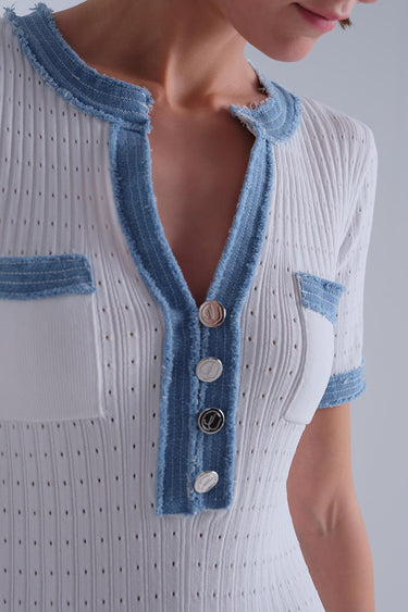 Denim Detaylı Kısa Kollu Ekru Midi Elbise - Join Us
