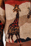 Dik Yaka Zürafa Desen Yünlü Kahverengi Triko Kazak