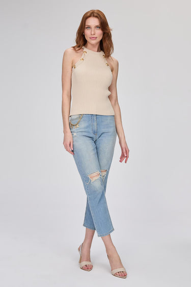 Düğme Detaylı Bej Halter Yaka Top