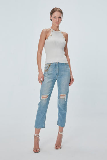 Düğme Detaylı Ekru Halter Yaka Top