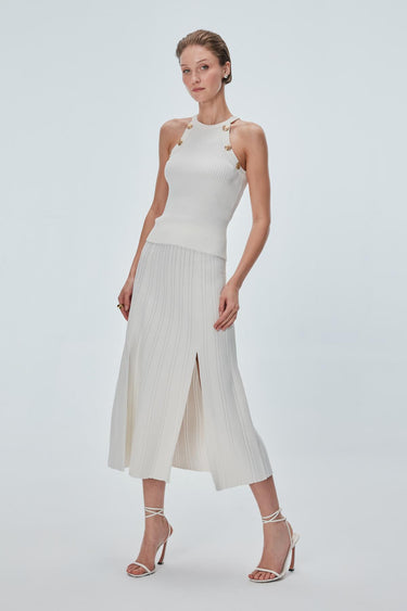 Düğme Detaylı Ekru Halter Yaka Top