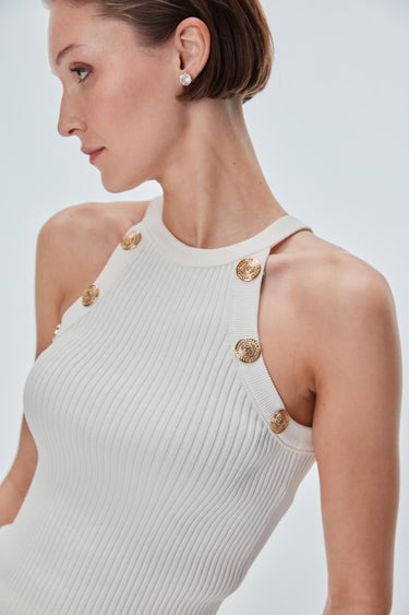 Düğme Detaylı Ekru Halter Yaka Top