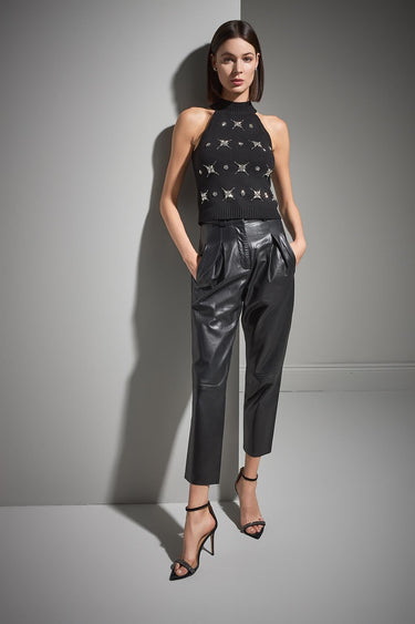 El İşi Taş İşlemeli Halter Yaka Siyah Triko Bluz - Join Us