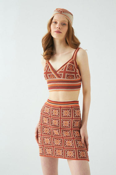 Etnik Desen Çizgi Detaylı Pamuklu Multi Crop Top