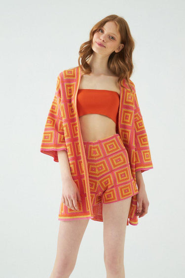 Geometrik Desen Tığ işi Efektli Multi Kimono