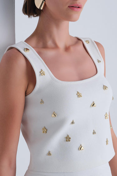 Gold Aksesuarlı Kare Yaka Ekru Crop Top - Join Us