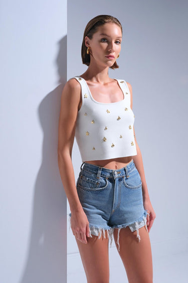 Gold Aksesuarlı Kare Yaka Ekru Crop Top - Join Us