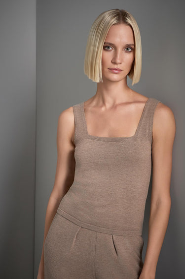 Kare Yaka Bej Triko Crop Top - Join Us