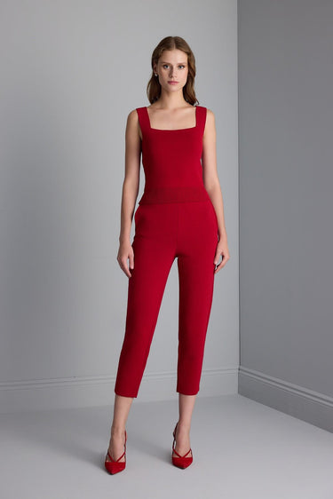 Kare Yaka Kırmızı Triko Crop Top