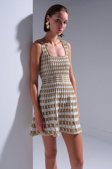 Kare Yaka Kloş Gold Mini Elbise - Join Us
