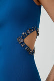 Pencere Detaylı Taş İşleme Saks Mini Elbise