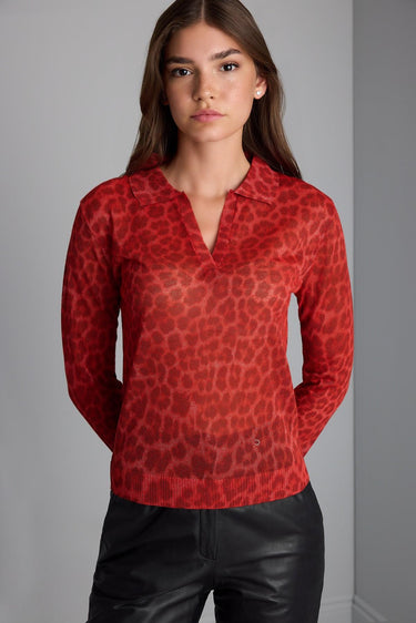 Polo Yaka Leopar Baskılı Kırmızı Triko Bluz