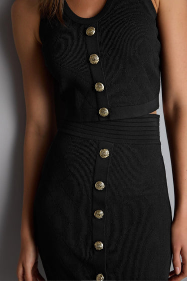 Süs Düğme Detaylı Siyah Triko Crop Top