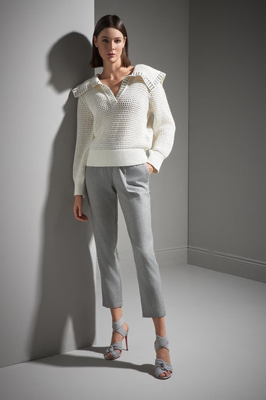 Taş Baskılı Geniş Yaka Ekru Triko Kazak - Join Us
