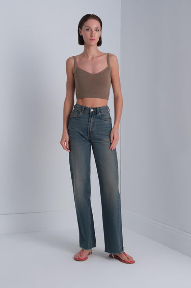 V Yaka Kahverengi Crop Top - Join Us
