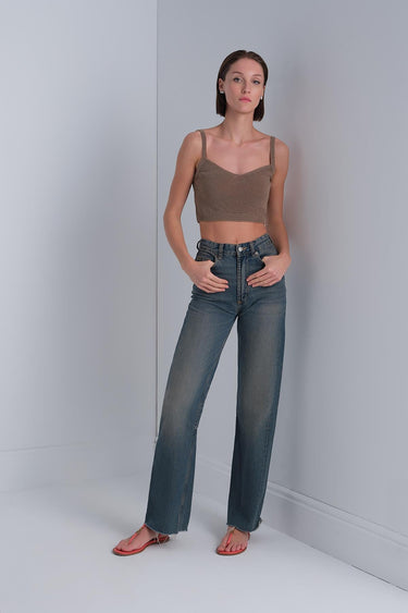 V Yaka Kahverengi Crop Top - Join Us