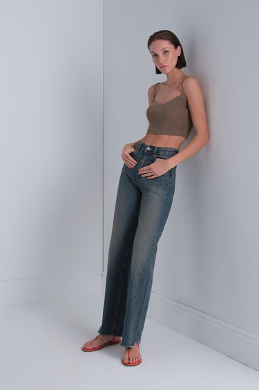 V Yaka Kahverengi Crop Top - Join Us